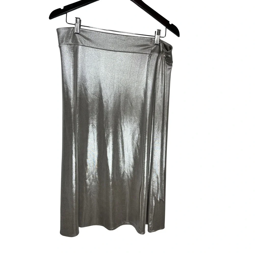 Zara Skirt Faux Wrap NWT Midi Large Silver Metallic Side Tie High Rise Glamorous
